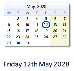12 May 2028 calendar