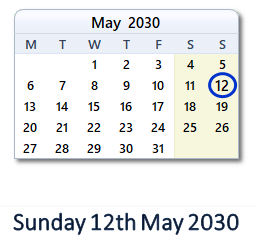 12 May 2030 calendar