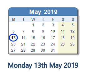 13 May 2019 calendar