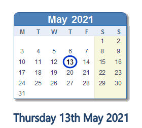 13 May 2021 calendar