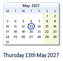 13 May 2027 calendar