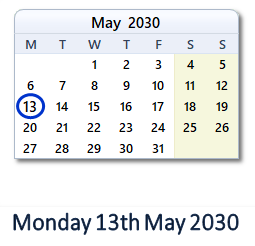 13 May 2030 calendar