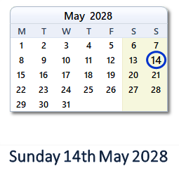 14 May 2028 calendar