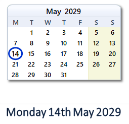 14 May 2029 calendar