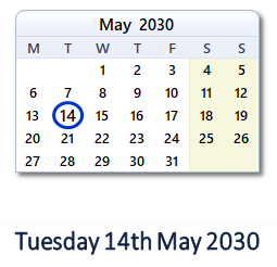 14 May 2030 calendar