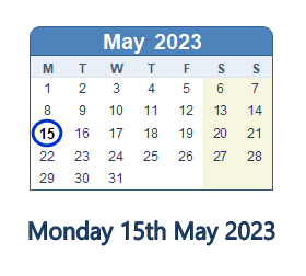 15 May 2023 calendar