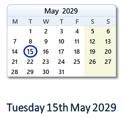 15 May 2029 calendar