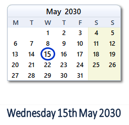 15 May 2030 calendar