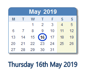 16 May 2019 calendar