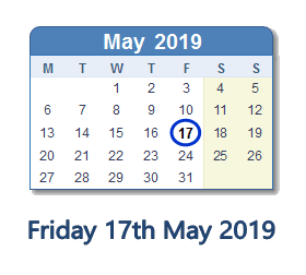 17 May 2019 calendar