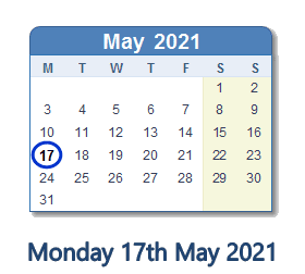 17 May 2021 calendar