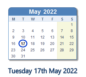 17 May 2022 calendar