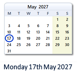 17 May 2027 calendar