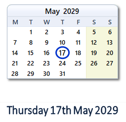 17 May 2029 calendar