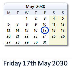 17 May 2030 calendar