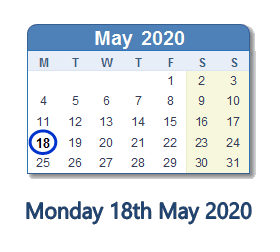 18 May 2020 calendar