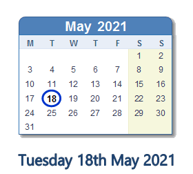 18 May 2021 calendar