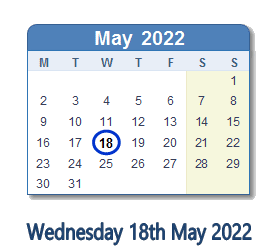 18 May 2022 calendar