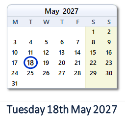 18 May 2027 calendar