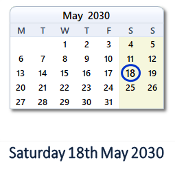 18 May 2030 calendar