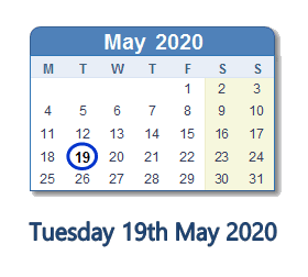 19 May 2020 calendar