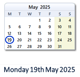 19 May 2025 calendar