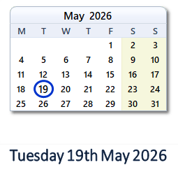 19 May 2026 calendar