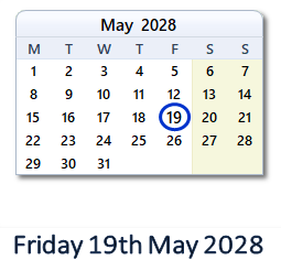 19 May 2028 calendar