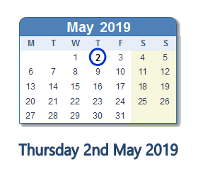 2 May 2019 calendar