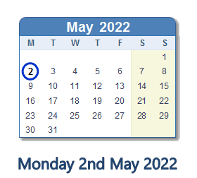 2 May 2022 calendar