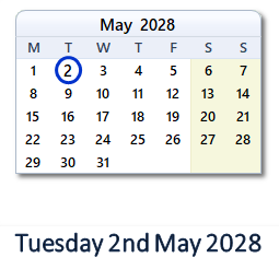 2 May 2028 calendar