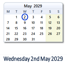 2 May 2029 calendar