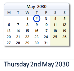 2 May 2030 calendar