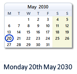 20 May 2030 calendar