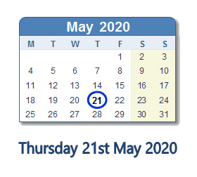 21 May 2020 calendar