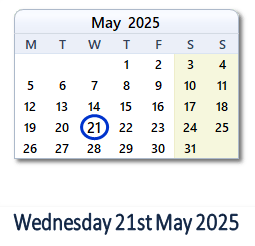 21 May 2025 calendar