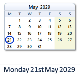 21 May 2029 calendar