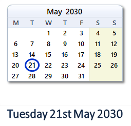 21 May 2030 calendar