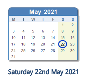 22 May 2021 calendar