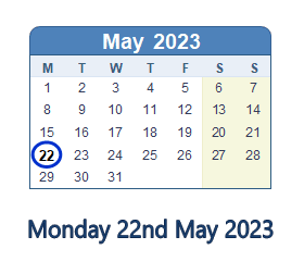 22 May 2023 calendar