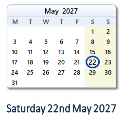 22 May 2027 calendar