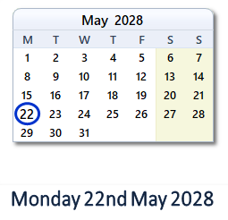 22 May 2028 calendar