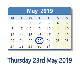 23 May 2019 calendar