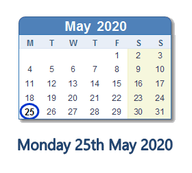 25 May 2020 calendar