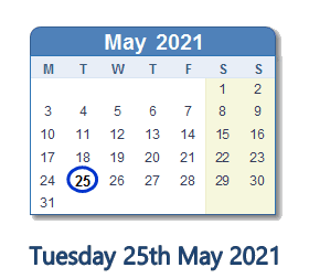 25 May 2021 calendar