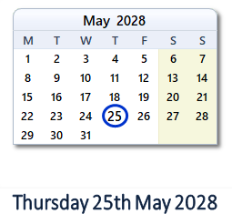 25 May 2028 calendar