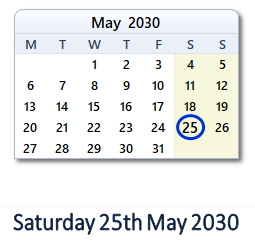 25 May 2030 calendar