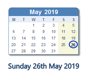 26 May 2019 calendar