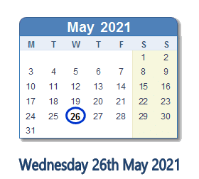 26 May 2021 calendar