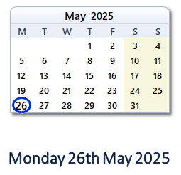 26 May 2025 calendar